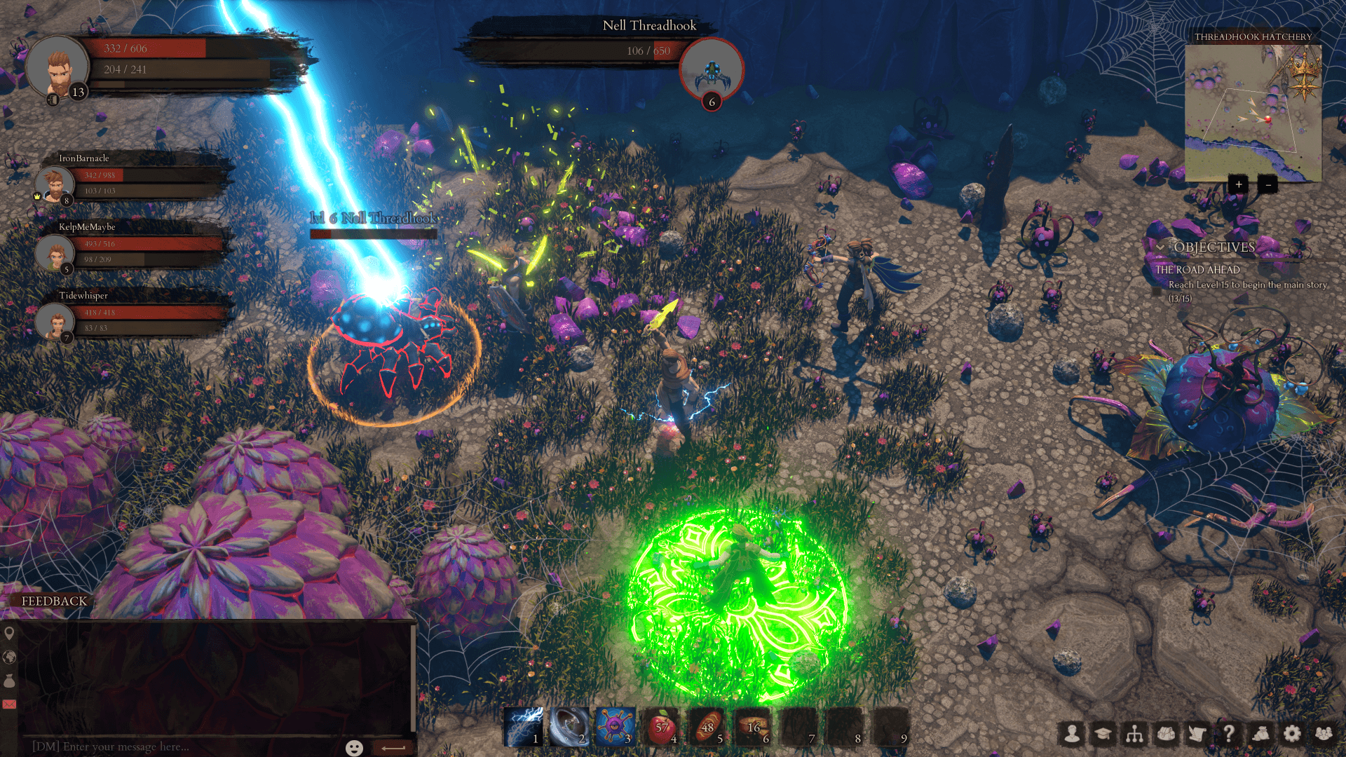 Four-player Pirate Royalty party fighting the Nell Threadhook spider boss in Threadhook Hatchery